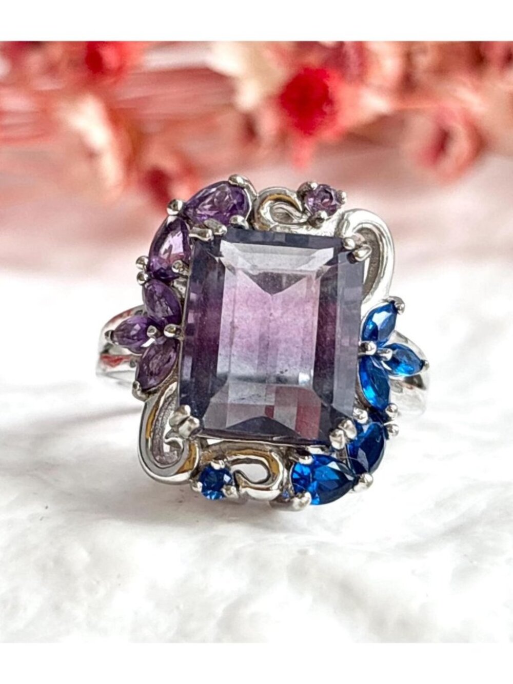 Art Nouveau Inspired Amethyst & Blue Topaz Sterling Silver 925 Vintage Ring sz 8